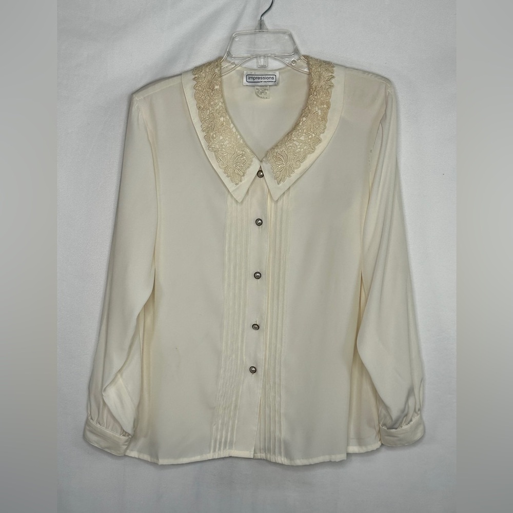 Vintage Impressions Blouse Cream Lace Collar Tuxedo Pleat‎ Secretary Sz 12